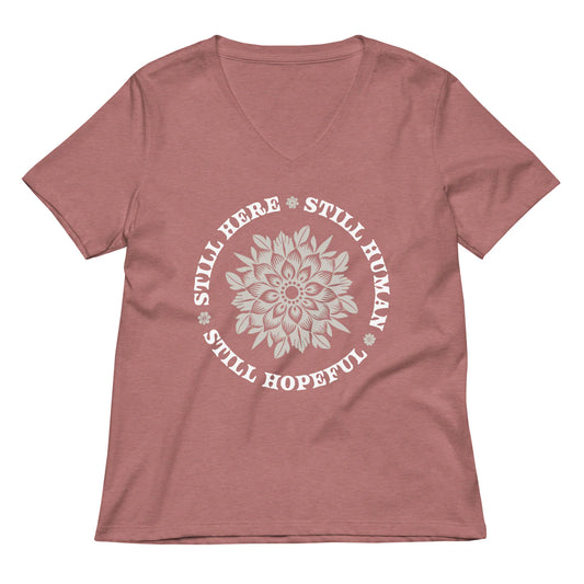 FINAL SALE - Size Large - Still Here  - Women’s V-Neck Tee - Heather Mauve